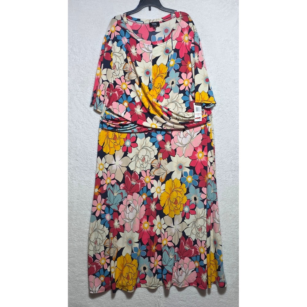 MSK Women Plus Size 2X Floral Faux Wrap Twist Front Jersey Maxi Dress Multicolor